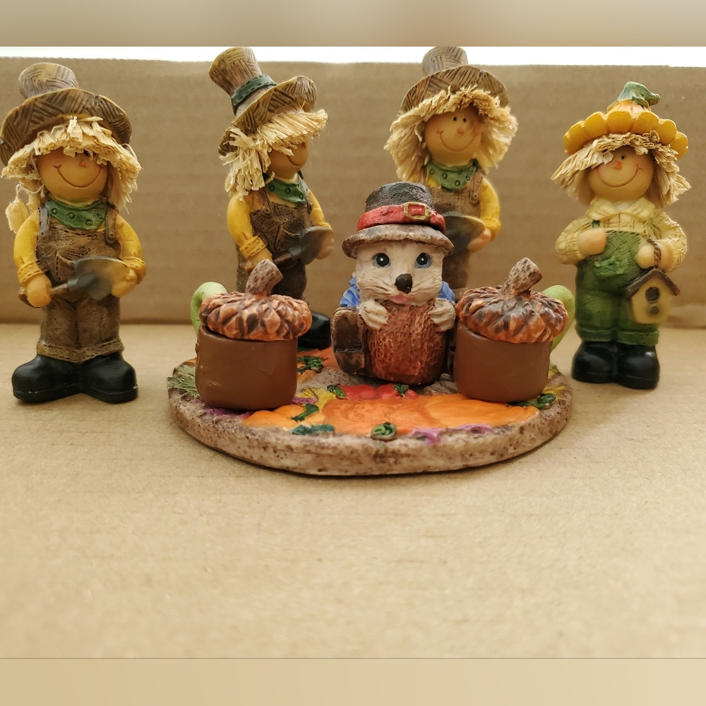 Autumn Scarecrow and Hedgehog Figurine Set